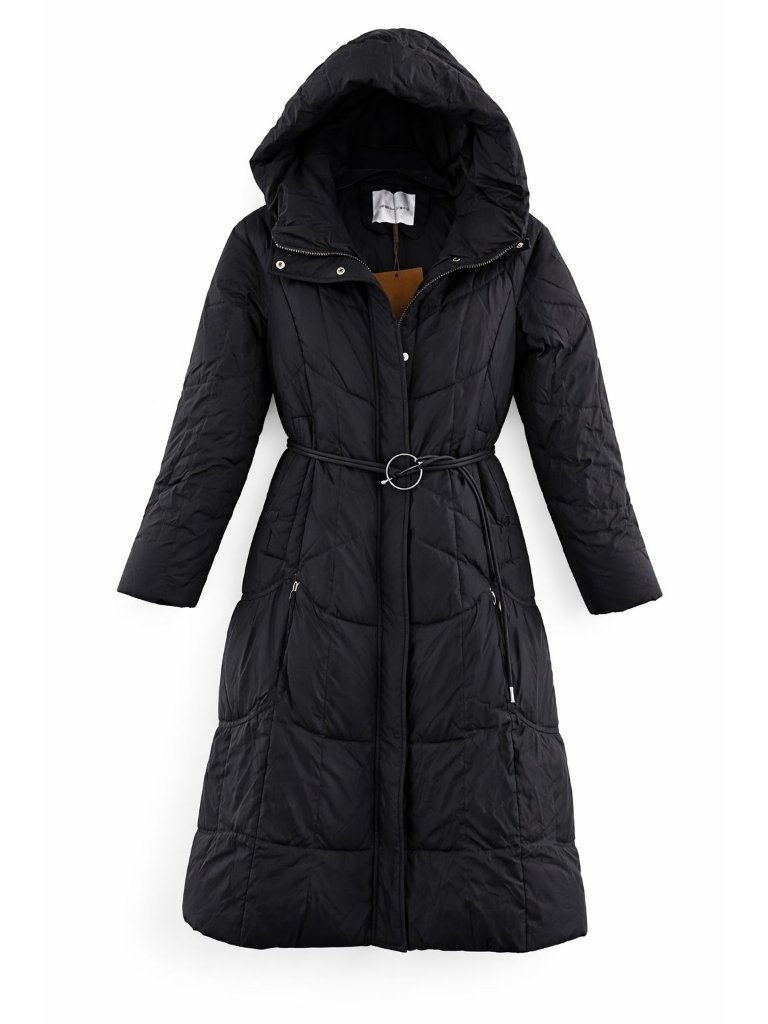 Women's Long Black Down Puffer Coat Size Medium Nwt- Hooded Belted - Gentle Herd